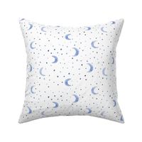 Blue moons and stars in watercolor, night tender pattern for nursery