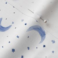 Blue moons and stars in watercolor, night tender pattern for nursery