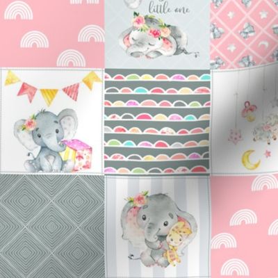 3" BLOCKS- Pink Elephant Quilt Fabric – Baby Girl Patchwork Cheater Quilt Blocks - A