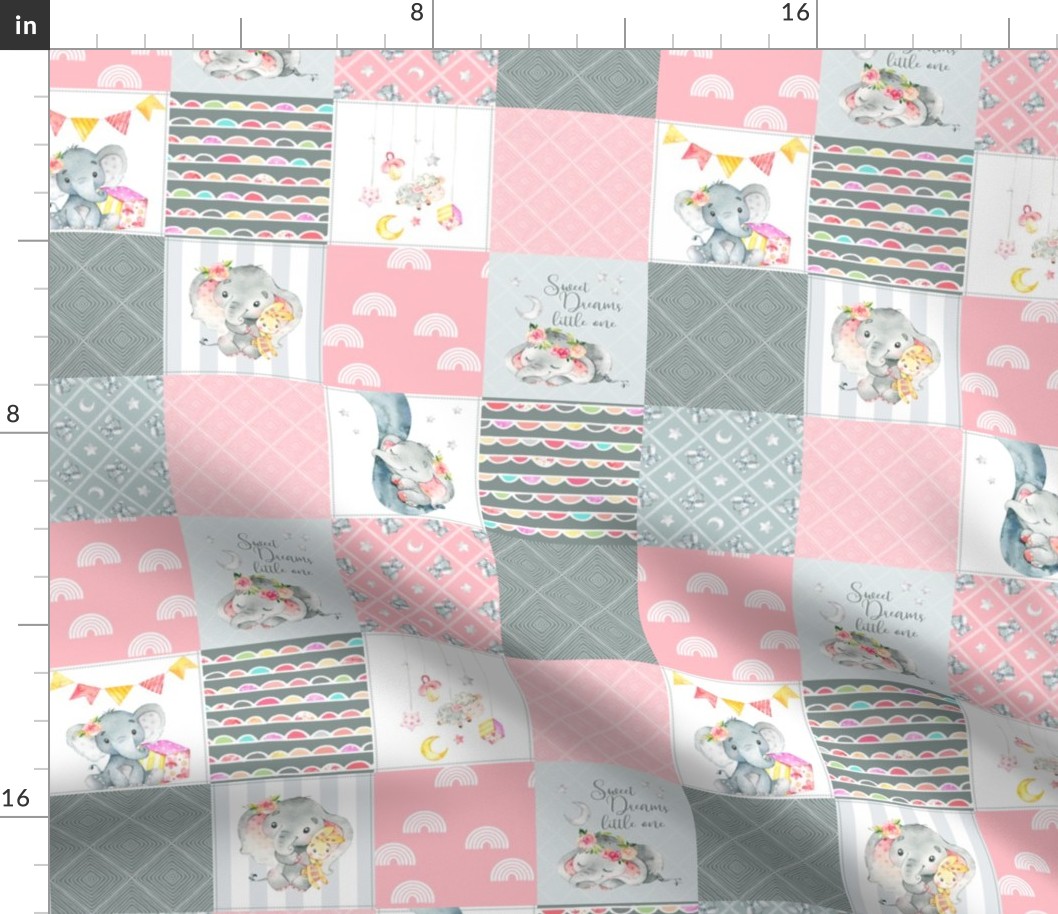 3" BLOCKS- Pink Elephant Quilt Fabric – Baby Girl Patchwork Cheater Quilt Blocks - A