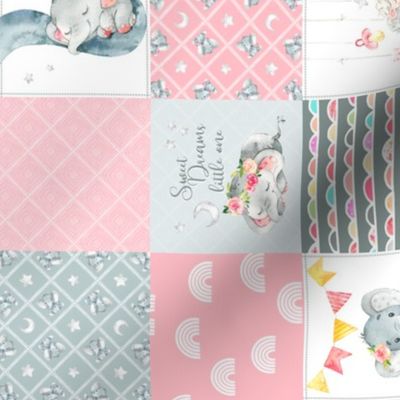 3" BLOCKS- Pink Elephant Quilt Fabric – Baby Girl Patchwork Cheater Quilt Blocks - A ROTATED