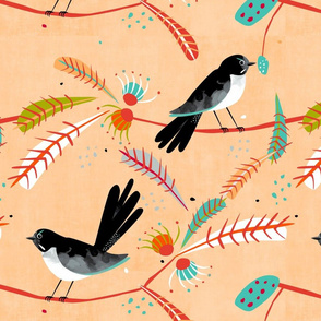 Willy Wagtail fabric warm tones