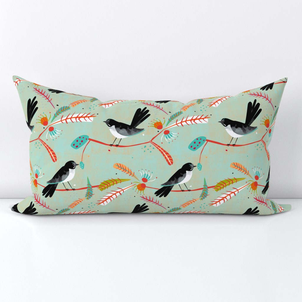 Willy Wagtail fabric green blue small