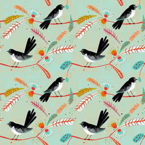 Willy Wagtail fabric green blue small