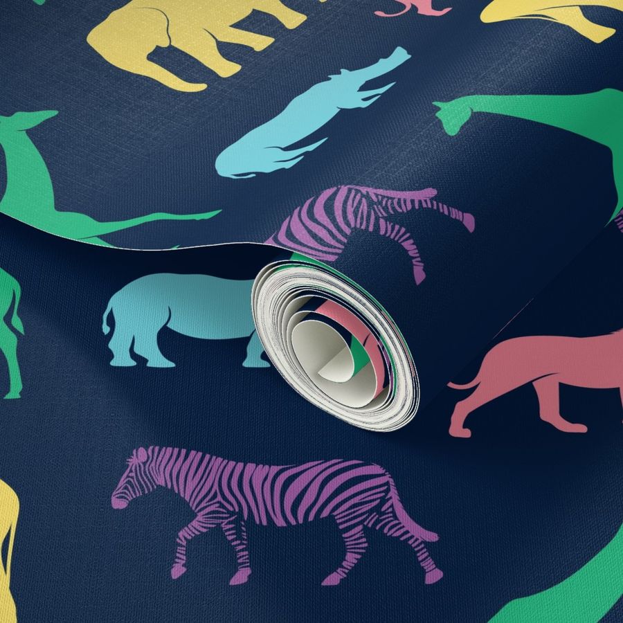 safari animals - rainbow on navy - C19BS