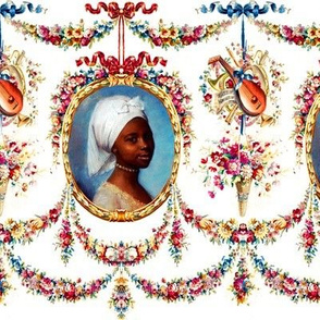 1 victorian baroque portraits black woman lady african descent POC people of color WOC headdress head wrap bows roses floral medallion musical notes pearl necklace blue red pink dress gown princess beauty beautiful drops bouquet basket  instruments garlan