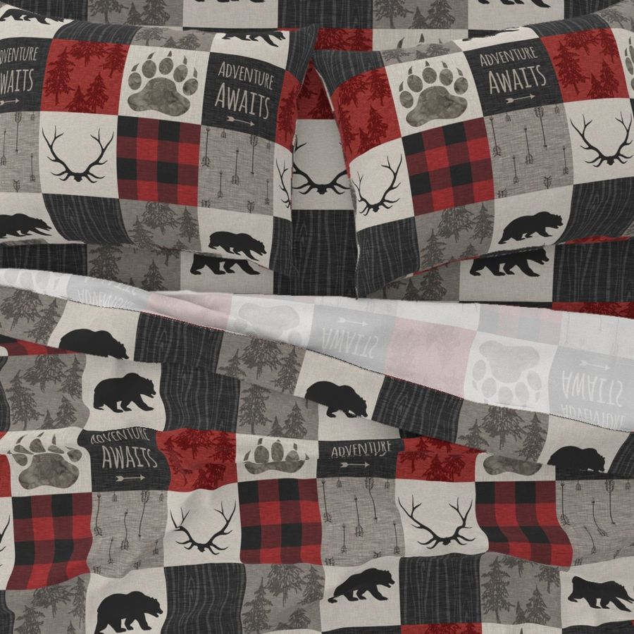 Adventure Awaits with Bear/Paw - red, cream, grey, black