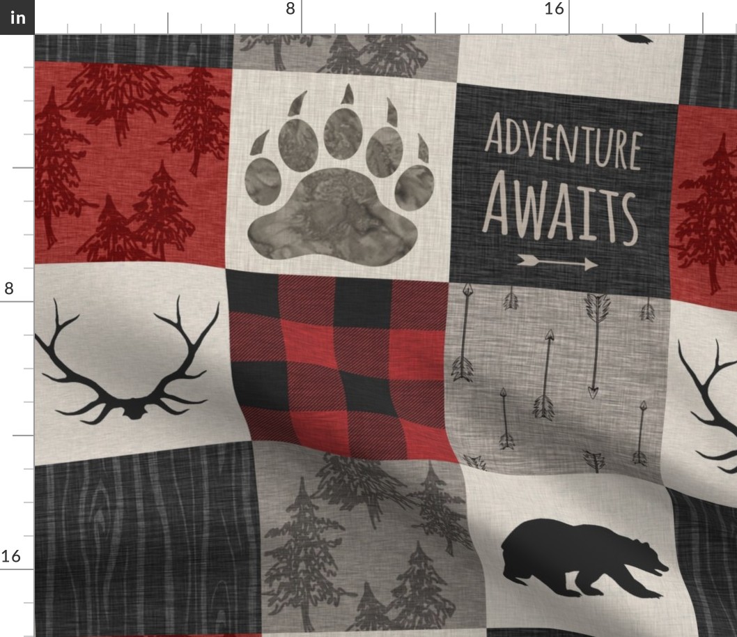 Adventure Awaits with Bear/Paw - red, cream, grey, black