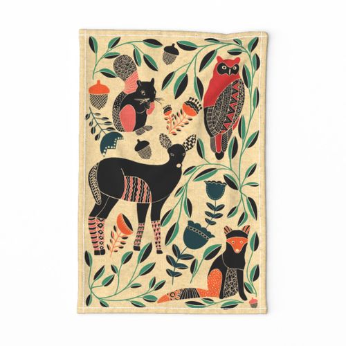 Folk Art Woodland Animals - Tea Towel