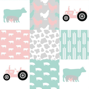 FARM7 | Farm Wholecloth Quilt | Pink Mint Cow Pig Tractor Patchwork Quilt 