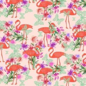 Flamingos, Butterflies, Flowers