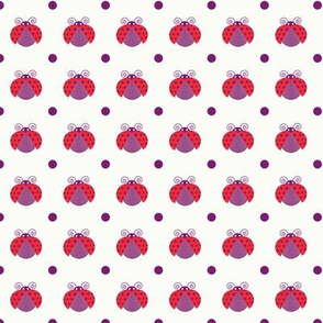 Red ladybugs flying and purple dots over light cream background