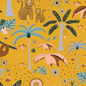 Leopards,sloths and ant-eater animal of South America and tropical plants ochre background