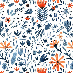 Winter blue and orange watercolor flowers