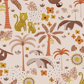 Leopards,sloths and ant-eater animal of South America and tropical plants earth tones