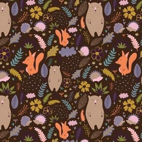 Autumn Forest Animals Hedgehog Bear Fox dark brown background BIG