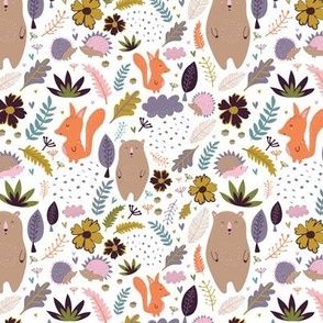 Autumn Forest Animals Hedgehog Bear Fox white background