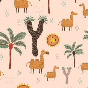 Camel with palm tree pink background