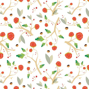 Pattern with acorns, flowers and autumn oak leaves