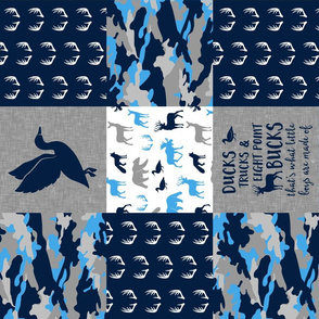 Ducks, Trucks, and Eight Point bucks - patchwork - woodland wholecloth - camo (blue, navy, grey) duck & buck C19BS