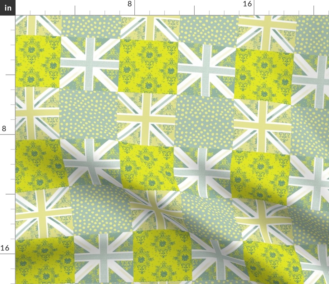 Cute Union Jack citrus green small cheater quilt by Mount Vic and Me