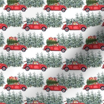 3" Holiday Christmas Tree Car and Corgi in Woodland, christmas fabric,corgi dog fabric 1
