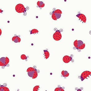 Red ladybugs staying around and purple dots over cream yellow background
