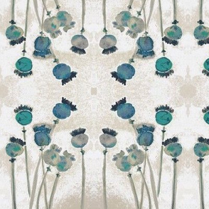 Poppies - Teal  on White and Taupe