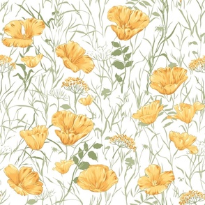 California Poppy Field Yellow Green White