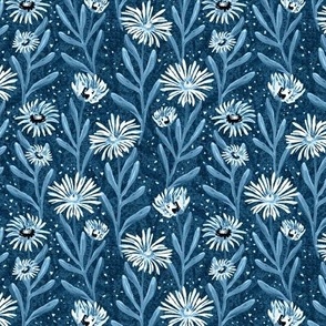 hand painted little flowers in teal blue - medium scale