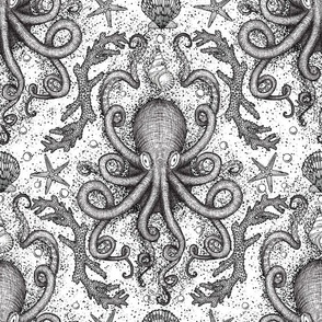 Lg. Octopus Damask for Wallpaper - Black & White
