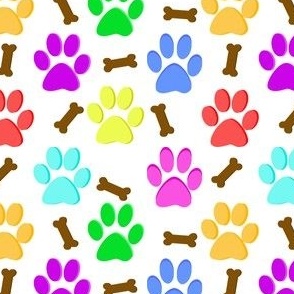 Dog Paw Prints Feet Paws and Bones Rainbow Colors on White