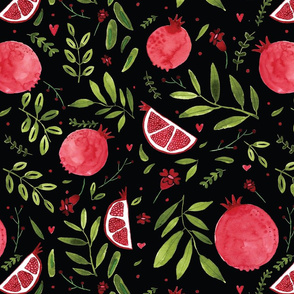 Colorful pomegranate watercolor pattern with green leaves and hearts