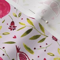 Colorful pomegranate watercolor pattern with green leaves and hearts