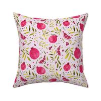 Colorful pomegranate watercolor pattern with green leaves and hearts