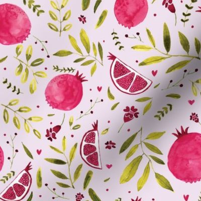 Colorful pomegranate watercolor pattern with green leaves and hearts