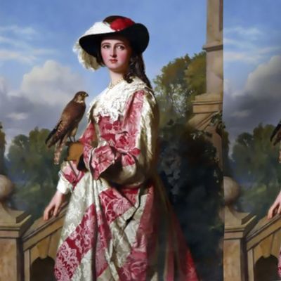 victorian eagle falconry birds of prey osprey hawk hats feathers beautiful woman lady satin brocade white pink  dress gowns 19th century hat lace falconer forests trees blue sky clouds romantic beauty vintage antique elegant gothic lolita egl portraits sh