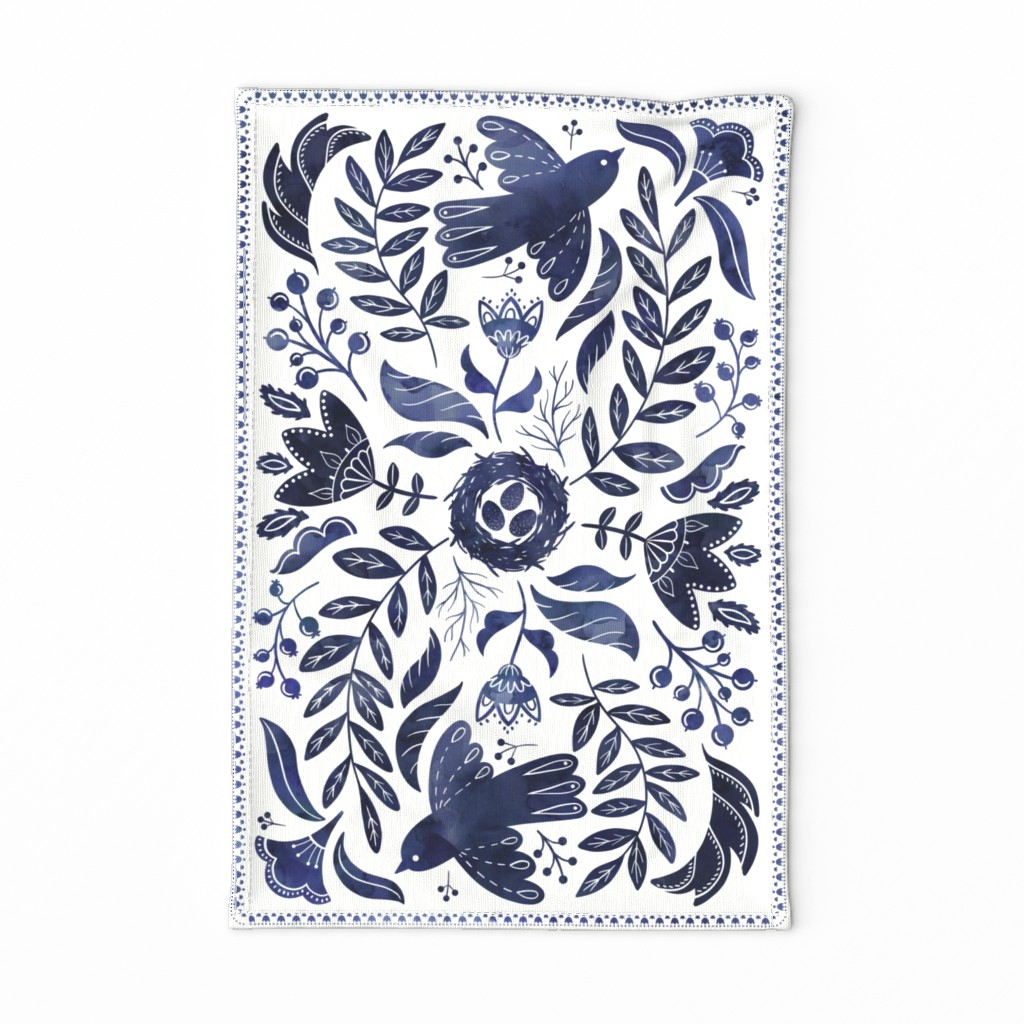 Folksy birds tea towel (indigo)
