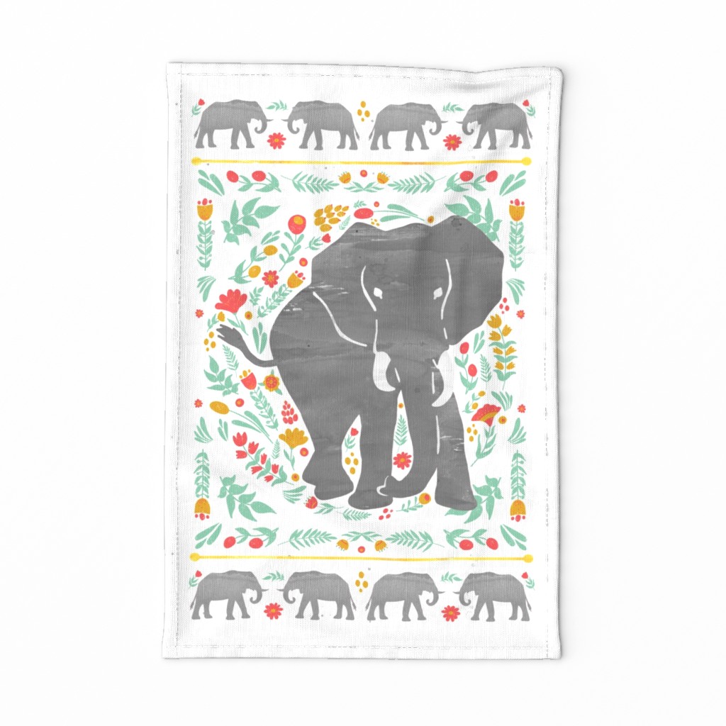 Elephant Folk Art Tea Towel 