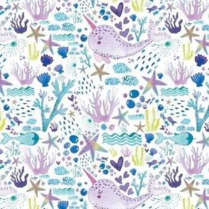 Cute marine watercolor pattern with hand drawn narwhals corals seafish white background