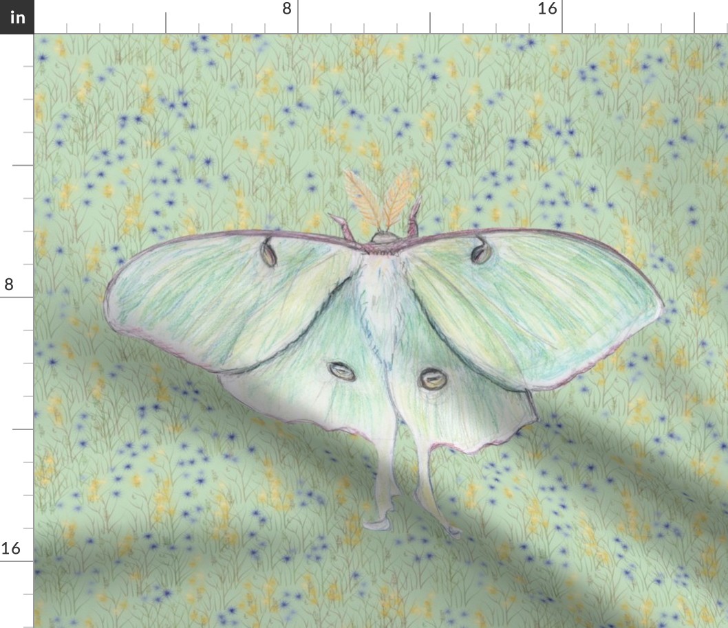 Luna Moth Watercolor on Wildflower Field for PIllow