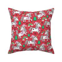 Christmas Holidays Unicorn Rainbow & Mint Green Trees Doodle Pink on Red