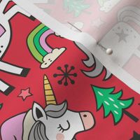 Christmas Holidays Unicorn Rainbow & Mint Green Trees Doodle Pink on Red