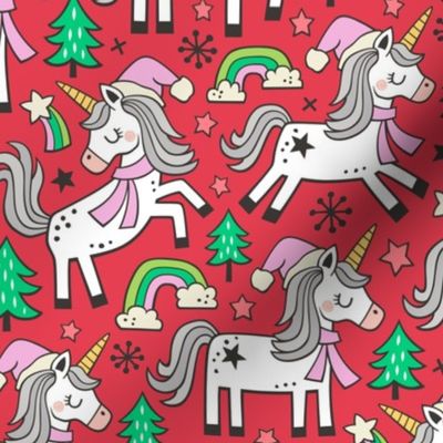 Christmas Holidays Unicorn Rainbow & Mint Green Trees Doodle Pink on Red