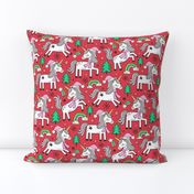 Christmas Holidays Unicorn Rainbow & Mint Green Trees Doodle Pink on Red