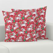 Christmas Holidays Unicorn Rainbow & Mint Green Trees Doodle Pink on Red