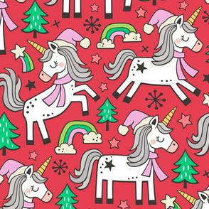 Christmas Holidays Unicorn Rainbow & Mint Green Trees Doodle Pink on Red