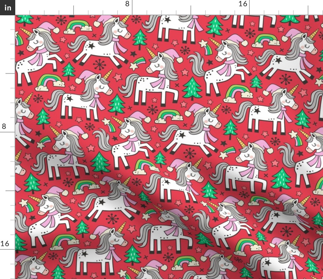 Christmas Holidays Unicorn Rainbow & Mint Green Trees Doodle Pink on Red