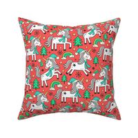 Christmas Holidays Unicorn Rainbow & Mint Green Trees Doodle Green on Red