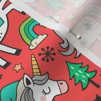 Christmas Holidays Unicorn Rainbow & Mint Green Trees Doodle Green on Red